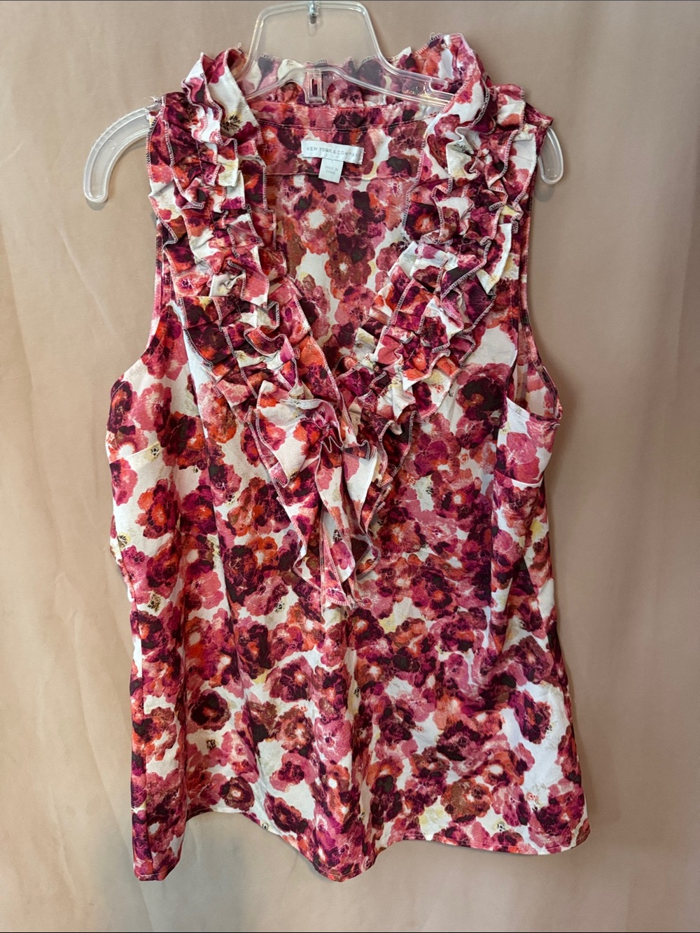 New York & Company Floral Ruffle V-Neck Sleeveless Blouse in Pink and Cream